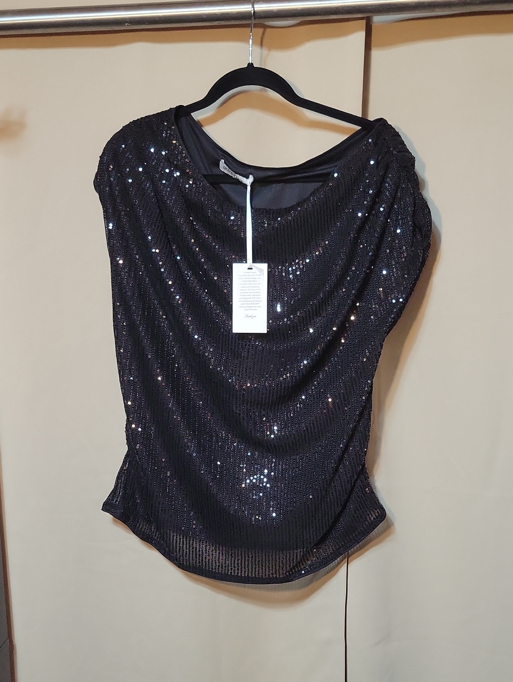 Grace Karin Black Sequin Draped Women's Top
